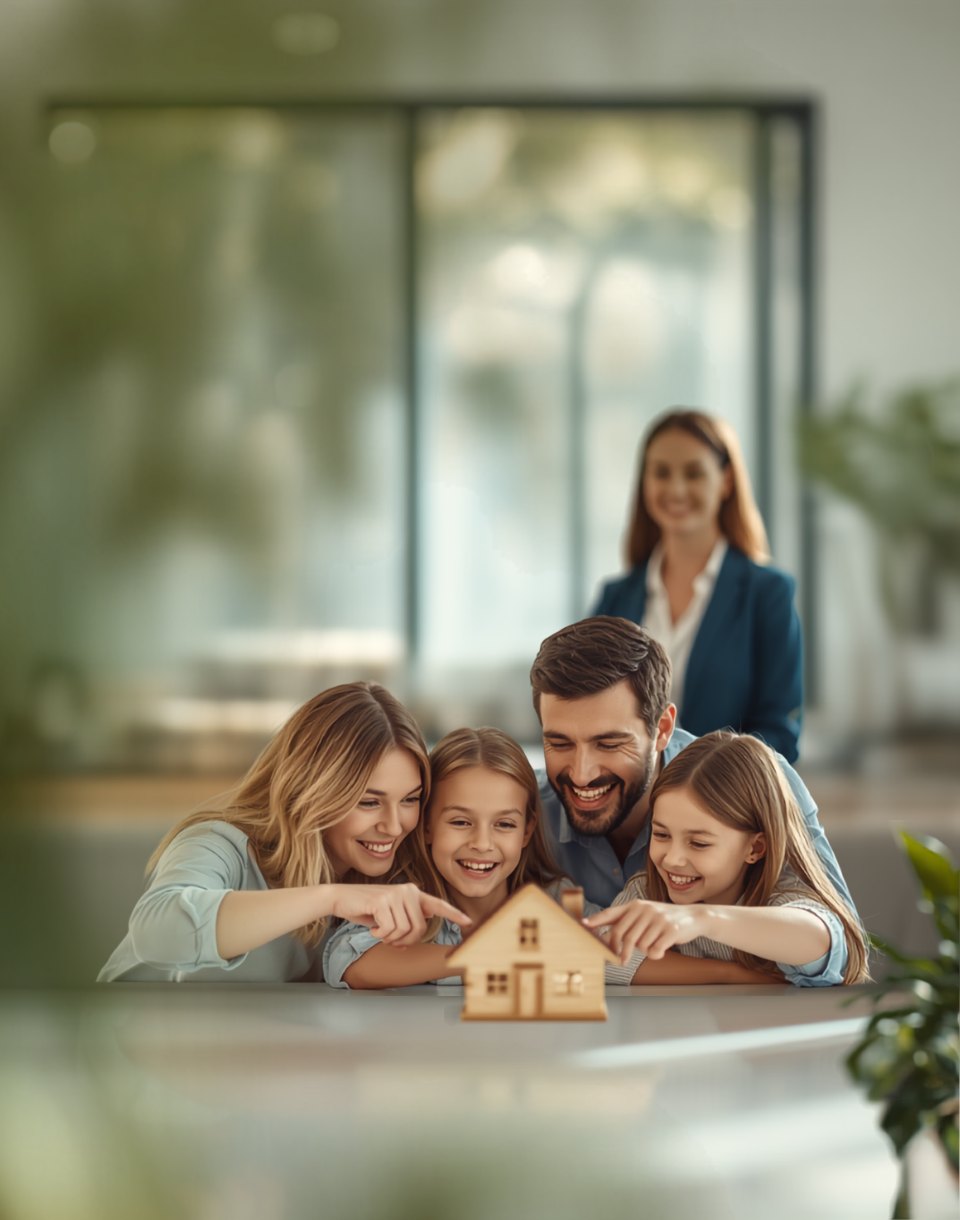 Une famille examine une maquette de maison avec sa courtière hypothécaire dans un bureau au Québec